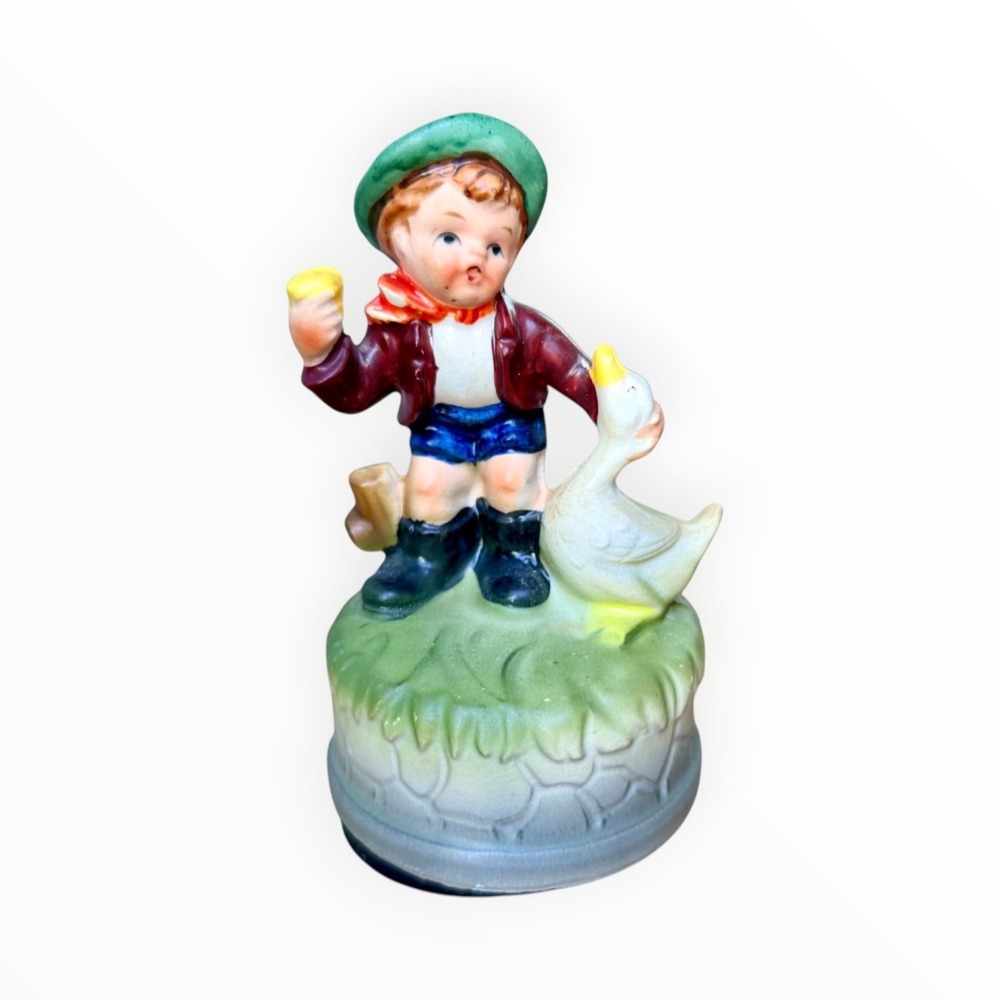 Vintage Artmark Boy With Goose Japanese Ceramic Music Box Figurine 3.5"×6.25"